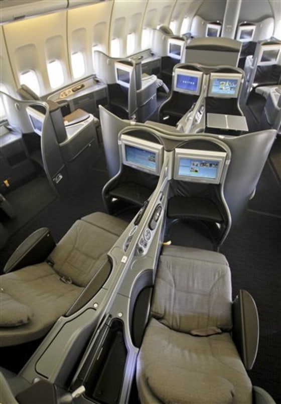 This Oct. 28, 2011, photo shows the new first class interior section of a United Airlines 747 plane at San Francisco International Airport.
